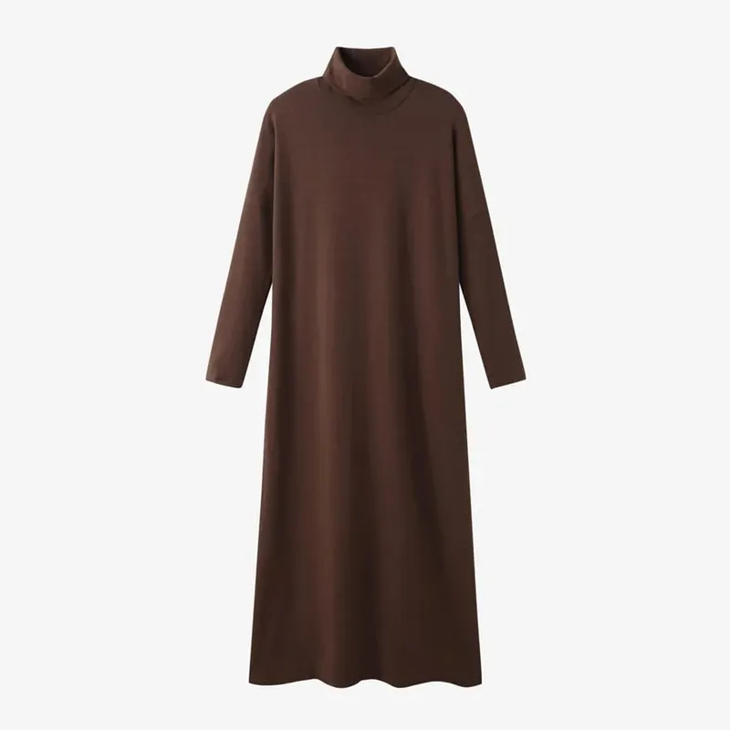 AS 2024 musim sejuk turteneck menebal ribbing dress lembut dan selesa asas turn-down collar maxi dress (Hantar keluar dalam 1 hari)