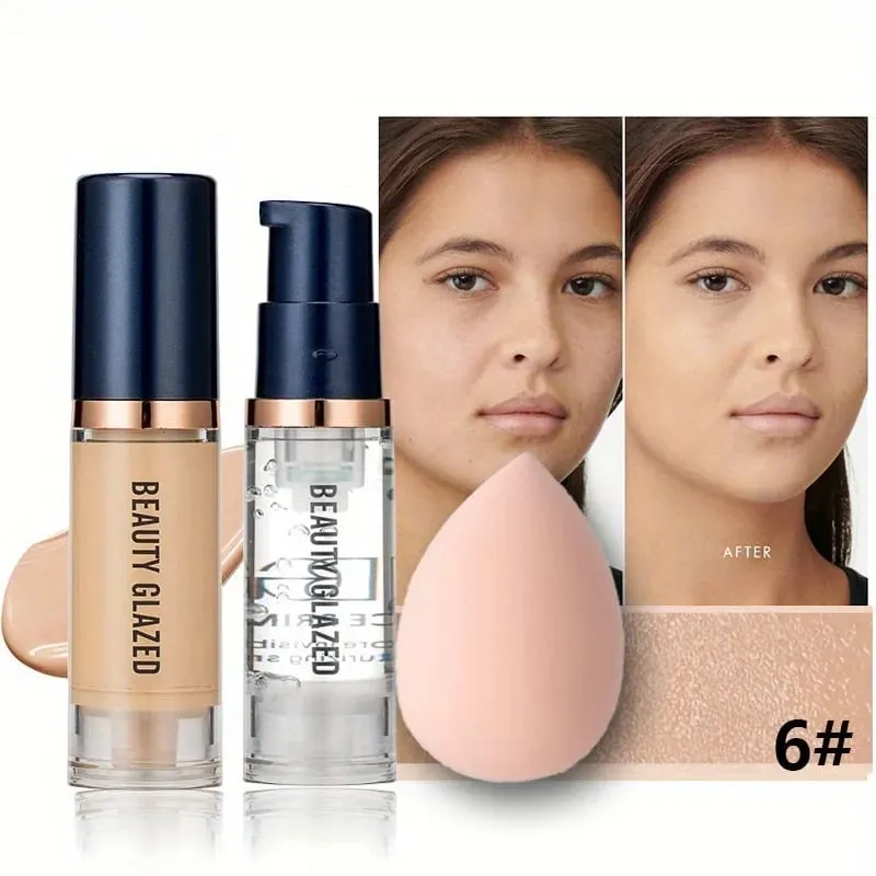 3Pcs Face Makeup Set Matte Long Lasting Waterproof Liquid Foundation+Primer+Puff — image 9