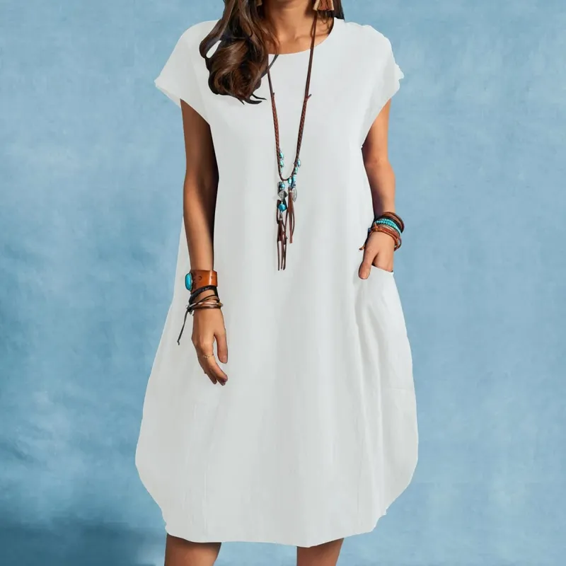 Spring and Summer Europe and the United States Amazon Stand Alone ebay Cotton Linen Loose Casual Pure Color Pocket Dress Ladies — image 3