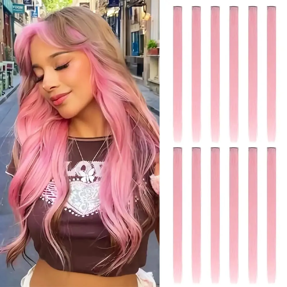 12 Pcs Colored Hair Extensions: Straight Hairpiece Multi-Color Party Highlights Clip-in Synthetic Hair Extensions for Women