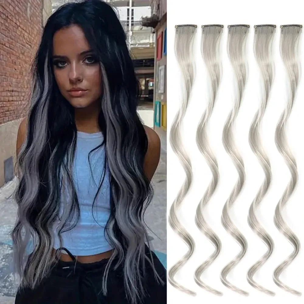 5Pcs Colored Hair Extensions Party Highlights Curly Wavy Hairpiece Clip In Synthetic Streak For Girls Women Halloween Wig