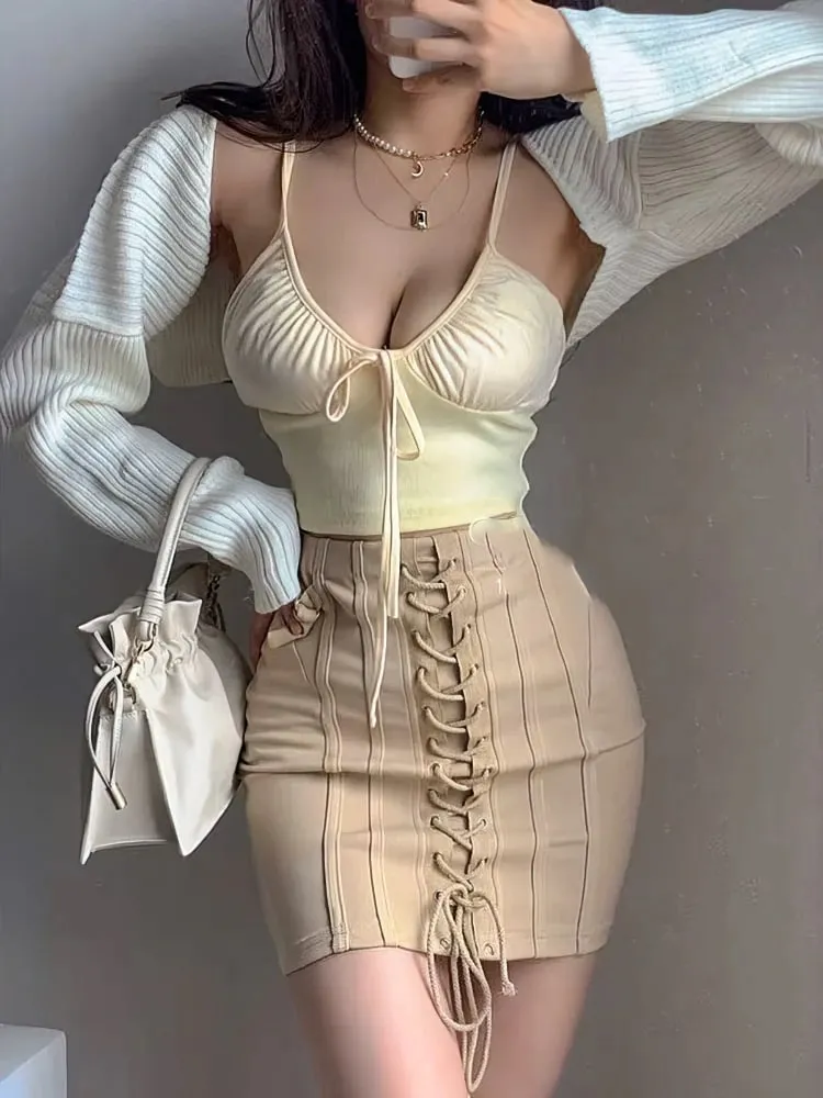 Sexy Beige Basic Bra Tops Woman Off Shoulder Tank Top With Thin Strap 100% Cotton Bustier Lingerie Cute Front Bow Tied Camis — image 3