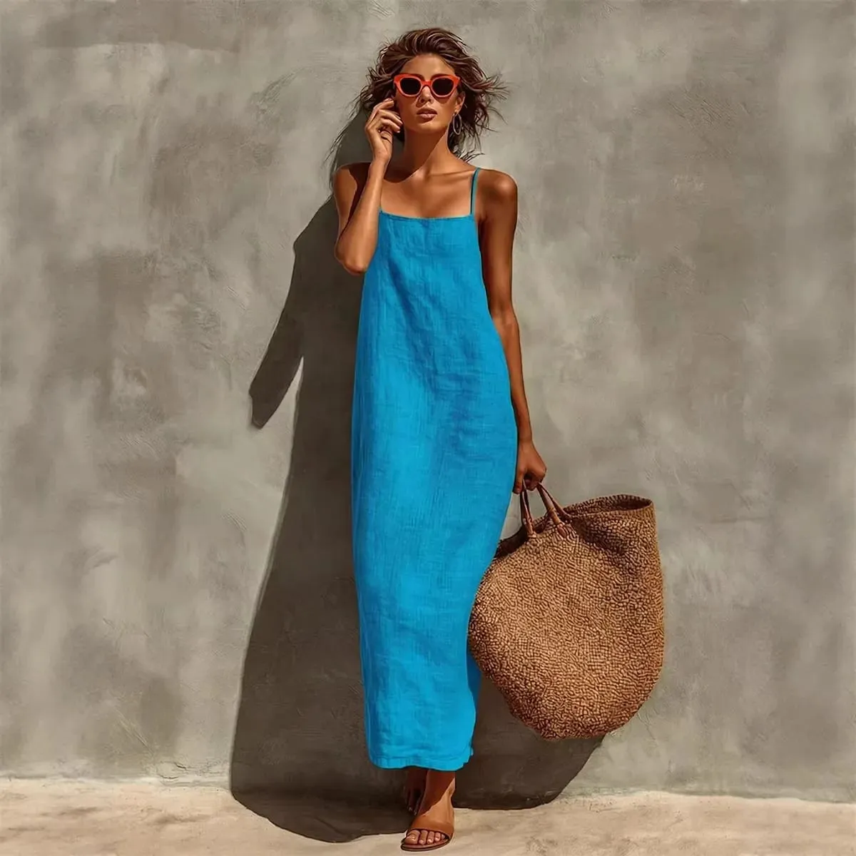 Summer Women Solid Color Casual Comfortable Slip Sundress Sand Beachwear Backless Sleeveless Loose Maxi Long Vacation Dresses