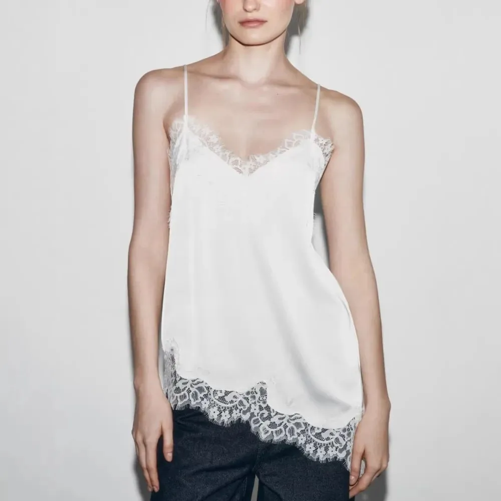 Chic Asymmetrical Lace Lace Patchwork Top Sexy Lace Backless Camisole Tops Sleeveless Elegant Backless Tops Evening Dress
