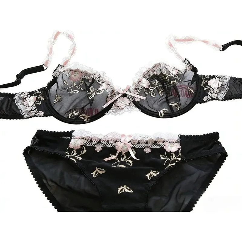 French Style Unlined Bra Set | Minimizer Lace Half Cup for Large Cup Size No Padding Thin Sheer Anti-Sagging Lingerie BANERDANNI