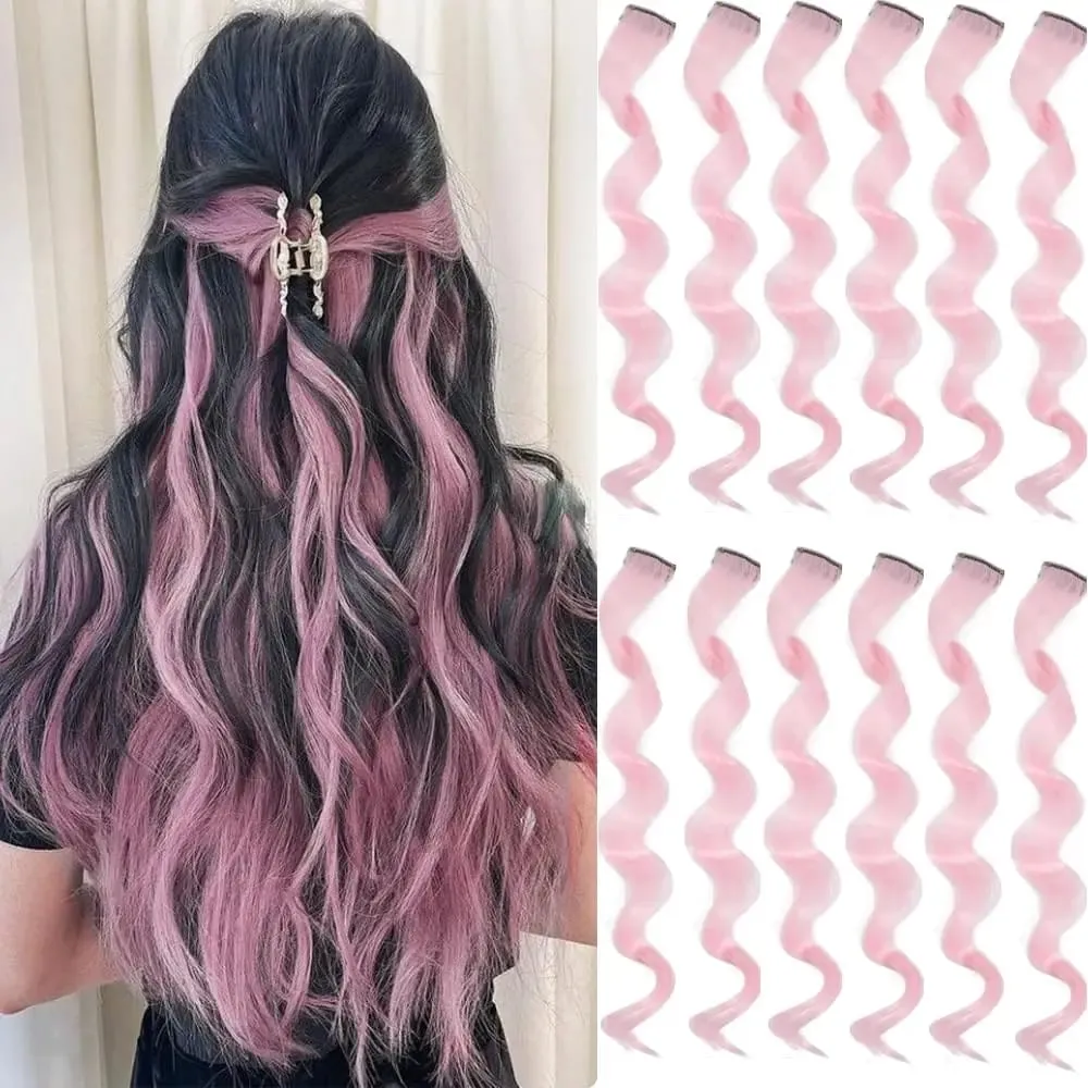 6 Pcs Black Hair Extensions 22 Inch Curly Wavy Colored Hair Colorful Clip in Extensions Highlight Party for Kids Girls Synthetic