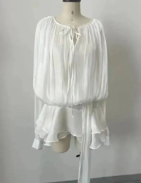 2026 Bagong Tag-init na Fashion Pambabaeng Damit Round Neck Lantern Sleeves Satin Short Dress Na May Shorts Sa ilalim ng Dalawang pirasong Set