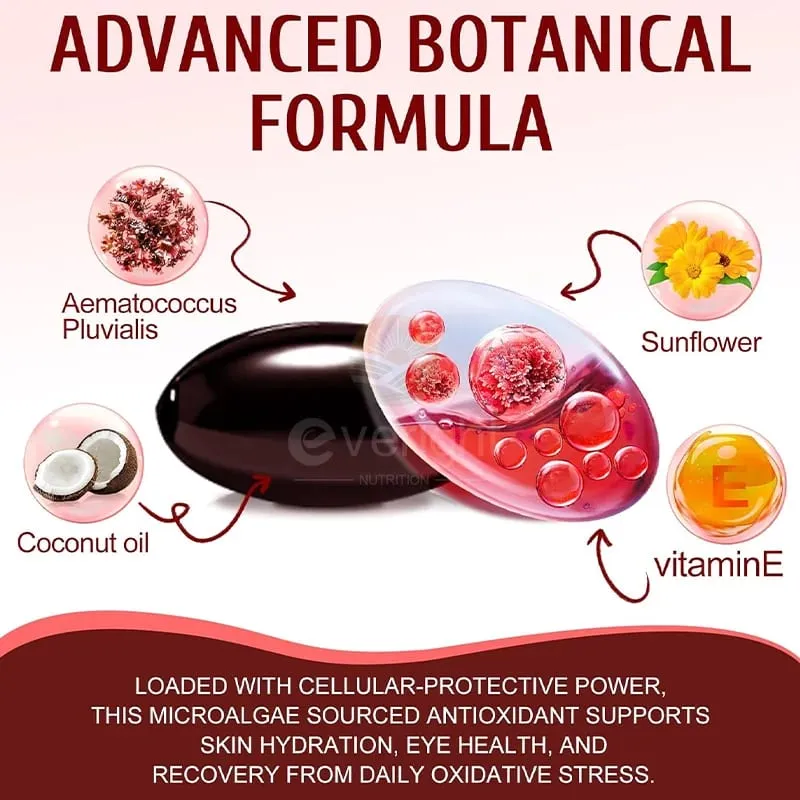 Astaxanthin Supplements 24mg Fresh Microalgae Source Grape Seed Oil Ashwagandha - Antioxidants for Healthy Skin Eyes Aging