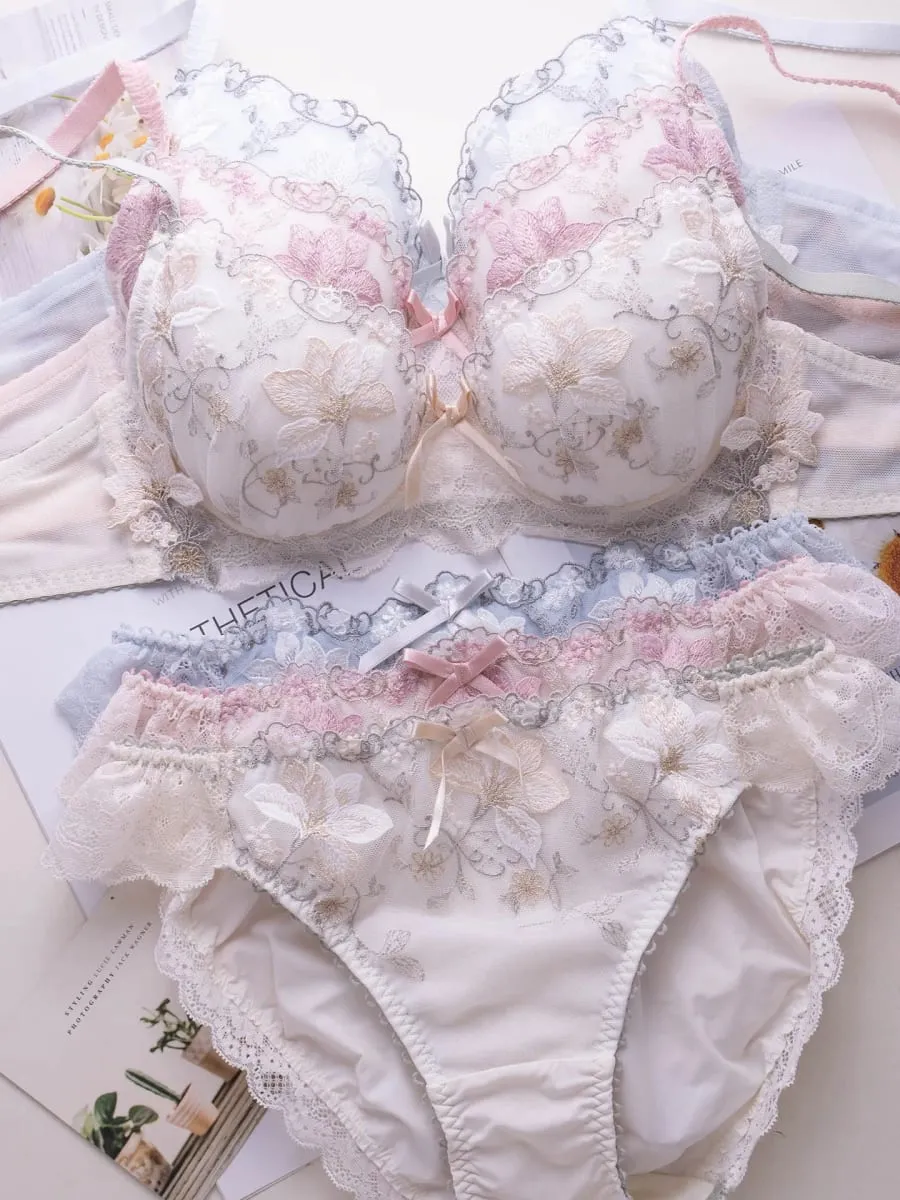Conjunto de lingerie doce estilo japonês, conjunto de sutiã fino bordado com copo raso tipo 2