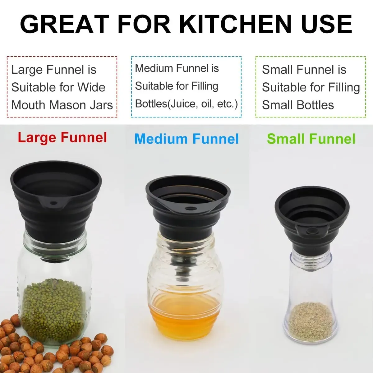 Silicone Funnels For Kitchen Use Filling Bottles Liquid Powder Transfer (3 Pcs ) 1 Mini/1 Small/1 Wide Mouth Funnel Set