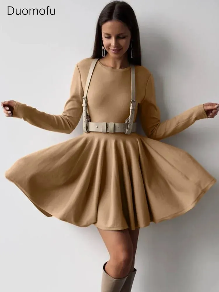 Duomofu Knit Mini Dresses Women Autumn Winter Long Sleeve Sweater Dress Female Elegant Fashion Slim A Line Pleated Dress Vestido