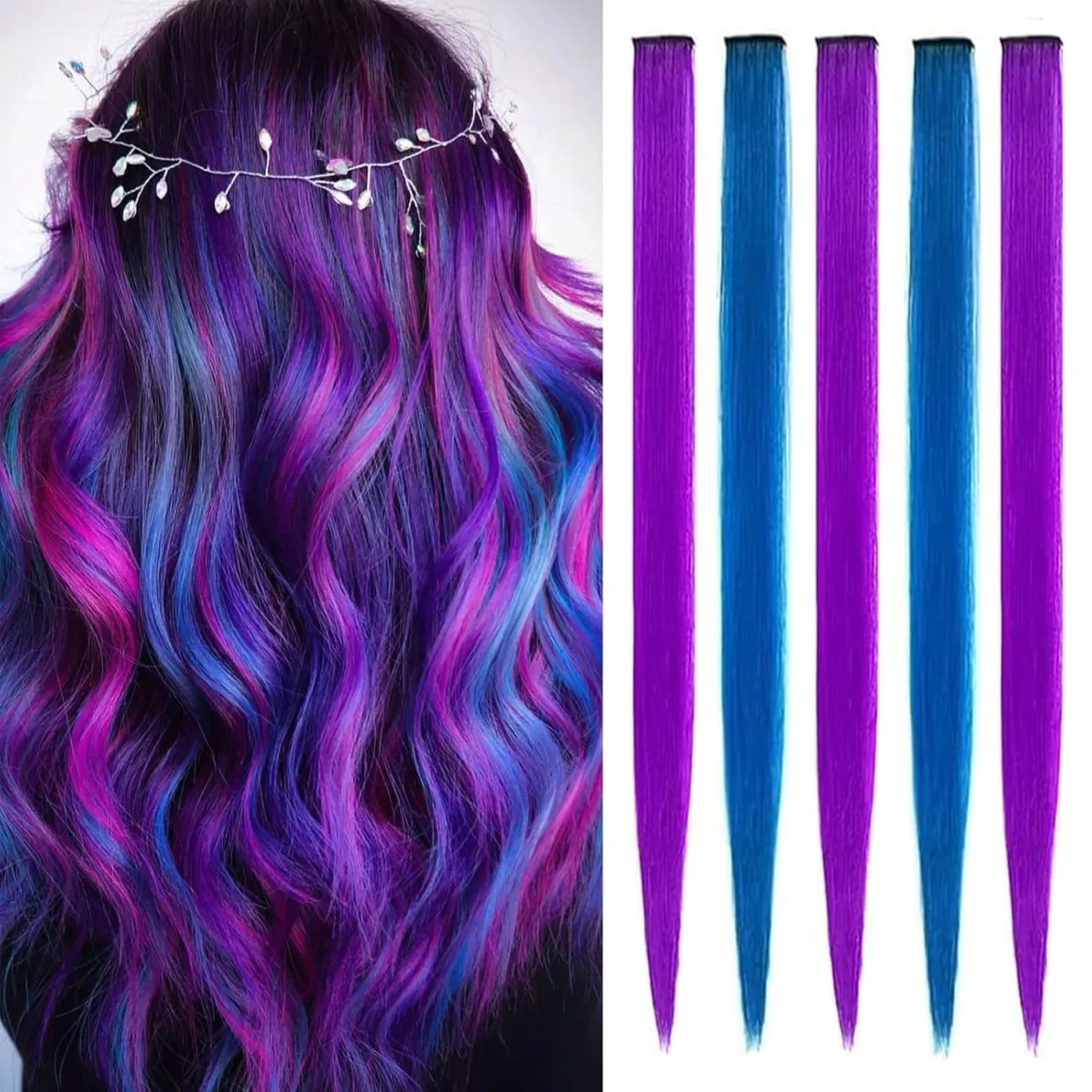 5Pcs Colored Synthetic Hair Extensions Rainbow Party Highlights Clip in Hair Extension for Christmas Girl Women Gift