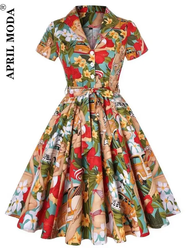 2026 Robe De Cocktail Pinup Rockabilly Dress Midi Cotton Tunic Jurken Causal Vintage 60s 1950s Big Swing Summer Party Sundress