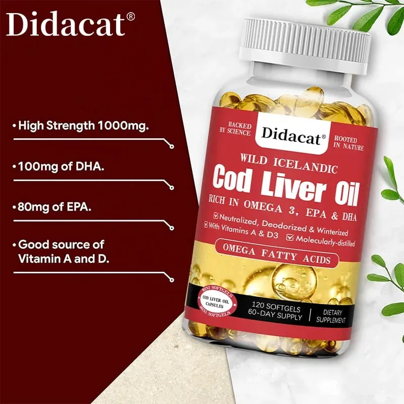 Cod Liver Oil Capsules Fish Oil Omega 3+ Vitamins A & D3 - Supports Heart Brain Vision & Joint Health