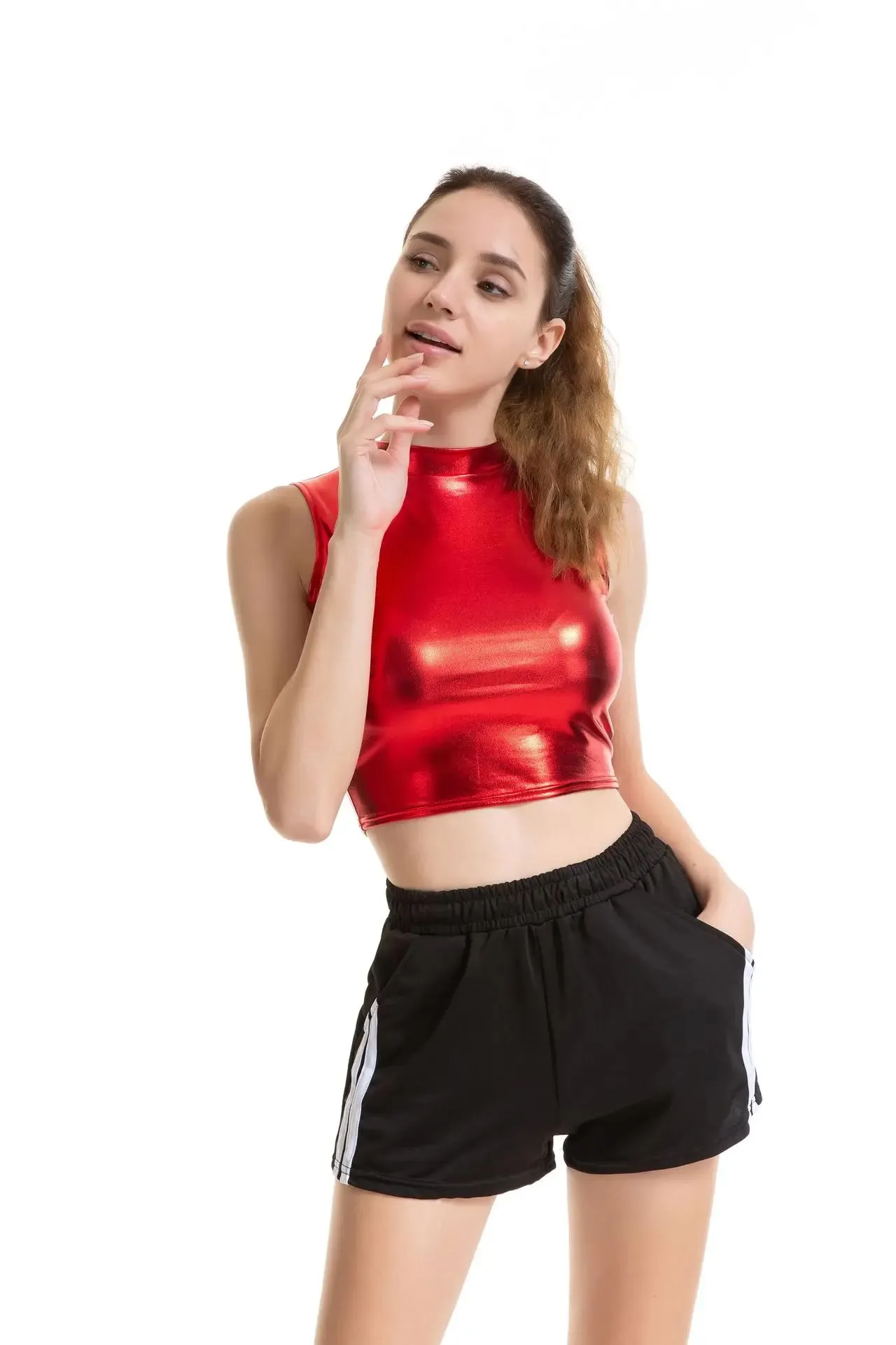 Womens Shiny Metallic Patent Leather Sleeveless Mock Neck Crop Tank Tops Camisole Night Club Party Rave Dance Costume Clubwear
