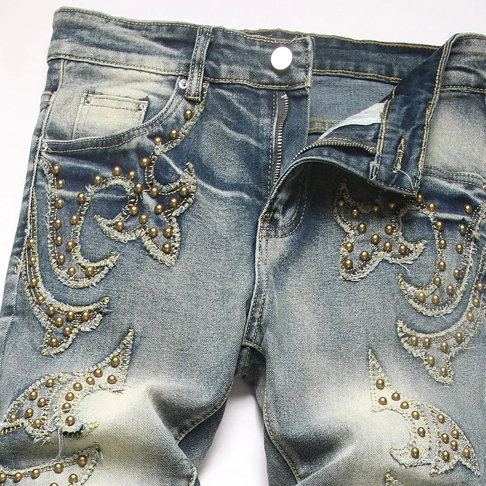 Men Slim Boot Cut Denim Jeans Punk Rivet Patch Stretch Pants Streetwear Blue Flared Trousers — image 3