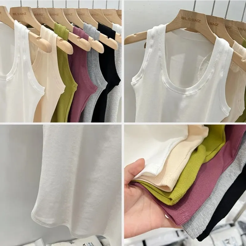 2026 Summer Basic Elastic Tank Top Women Solid Low Round Neck Ribbed Camisole Korean Style Versatile Slim Tanks & Camis
