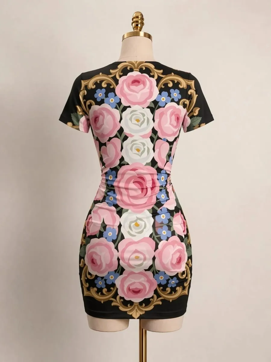 Mulheres manga curta bodycon mini vestido fino ajuste tripulação pescoço floral impressão casual festa de verão bonito elegante suave férias vestido de verão — image 3