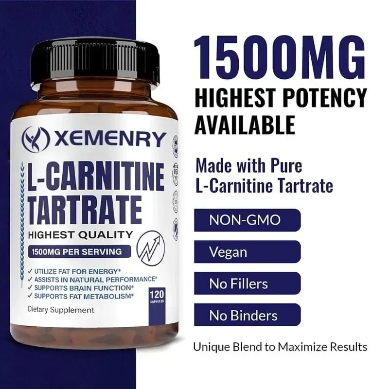 L-Carnitine Tartrate Premium Capsules 1500 mg - Natural Energy Production Supports Metabolism