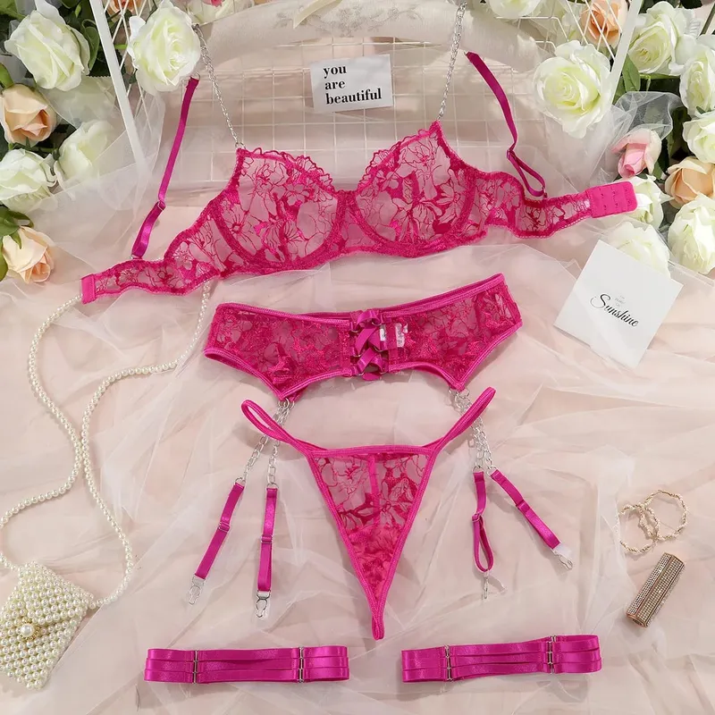 Solid Mesh Embroidered Lingerie Set Women's Thin Chain Exotic Apparel Suit with Garters Hollow Cross Underwear Four Pieces Set — image 3