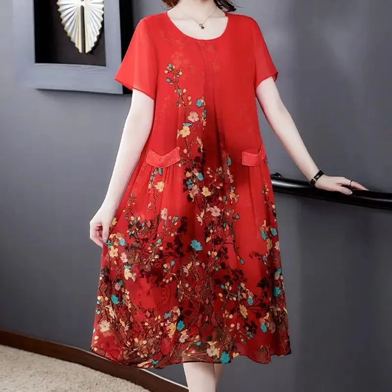 2023 Summer Short Sleeve Casual Stylish Round Neck Dresses Female Folds Floral Printed Commute A-Line Loose Pockets Midi Dress