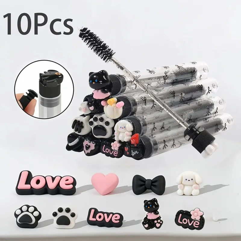 10pcsGothic Cartoon Eyelash Brush Black Bowknot Dustproof Tube Case Lash Spoolies for Extensions Grafting Reusable Brow Wand Kit