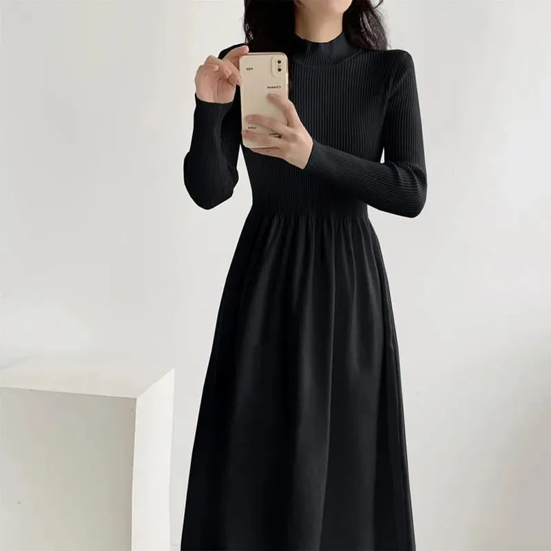 Autumn Winter Women Knitted Dress All-Match Simple Solid Half-High Collar Long Dresses Woman Korean Chic High Waist A-Line Dress