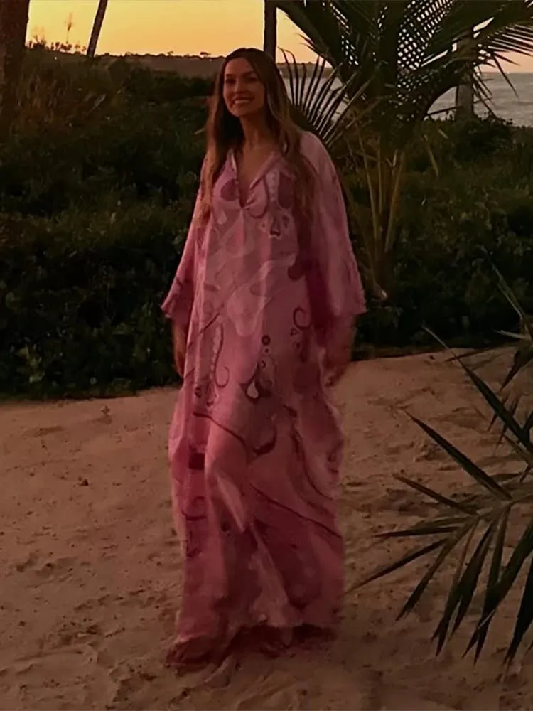 Oversized Women's Print Kaftan Maxi Dress With Pink Pattern Loose Fit Full Sleeve Long Dresses Summer Beach Vacation Outfit Robe