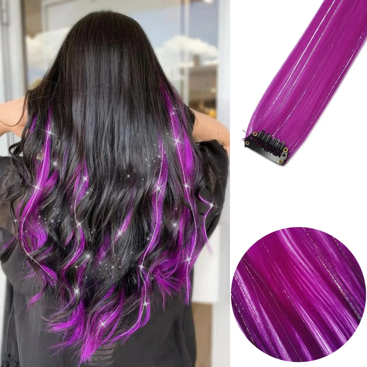 6pcs/pack Colored Party Highlights Clip in Hair Extensions 22 inches Multi-colors Straight Hair Synthetic Hairpieces