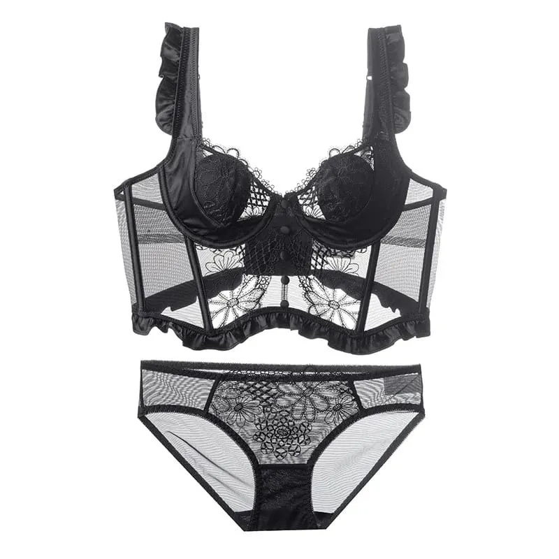 French Fishbone Lace Minimizer Bra Soft Underwire Open Back Lingerie Set for Women Sexy & Pure Push Up Bralette Anti-Sag