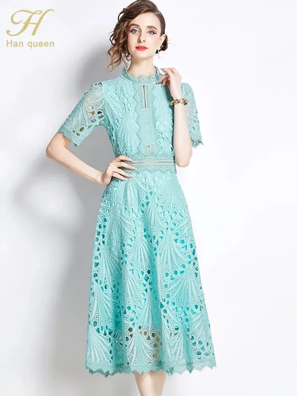 H Han Queen Spring New Elegant Casual Work Party Dresses Floral Crochet Hollow Out Lace Patchwork Casual Office Midi Dress