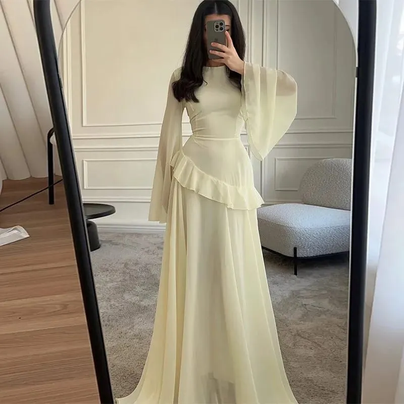 Kvinder Chiffon Solid Flæser Kjole Flare Ærmer Rundhals 2025 Ny Elegant Maxikjole Aftenfest Mode Ferie Dame