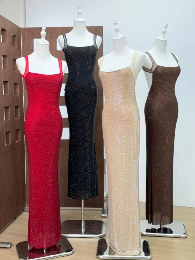 Robe longue en maille, col carré, Sexy, Patchwork de diamants, dos nu, strass brillants, robes Slim, robes de soirée, de Cocktail