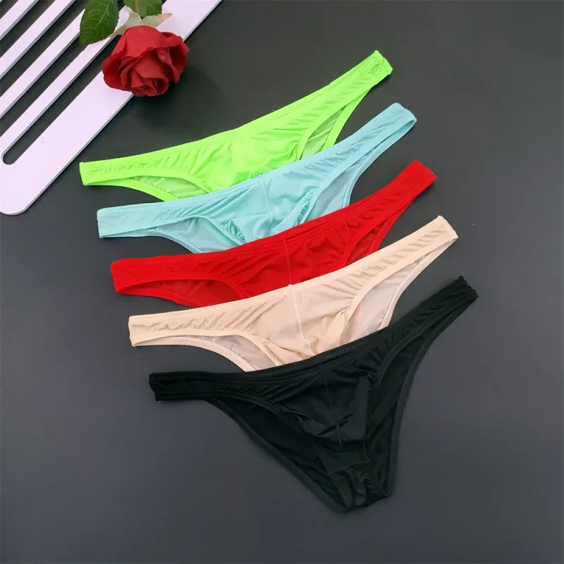 Slip en soie glacée pour hommes, 5 pièces, sous-vêtements avec poche en U, taille basse, sous-vêtements transparents Ultra fins, culottes Sexy grande taille pour hommes, nouvelle collection