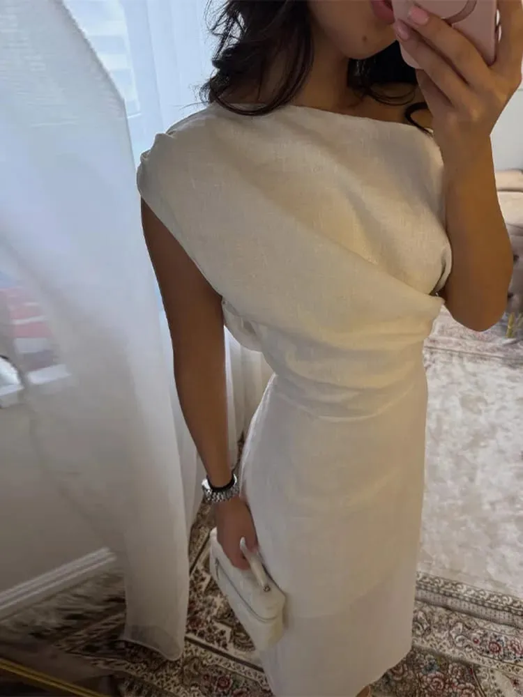 Off-shoulder Linen Maxi Dresses Pambabaeng Slim Waist-cinching Hip-wrap Ankle-length Dress 2026 Bagong Ladies Summer Solid Outwear