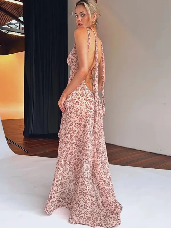 Sexy Asymmetrical Halter Backless Long Dresses Floral Print Chiffon Beach Vacation Summer Dress Womens 2023 C15-CI16