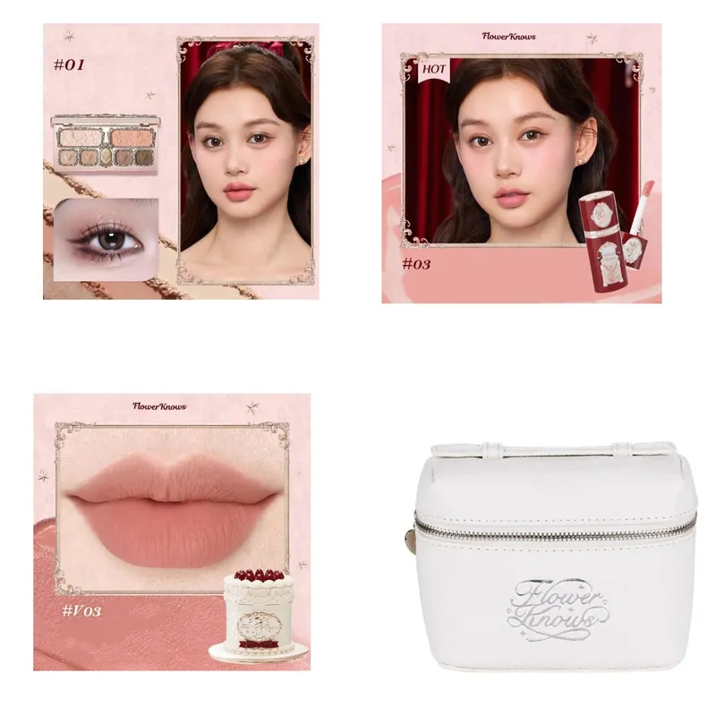 Flowerknows Zestaw do makijażu Zestaw podarunkowy Shimmer Full Box Blush Długotrwały aksamitny krem ​​do ust z torbą Zestaw De Maquiagem