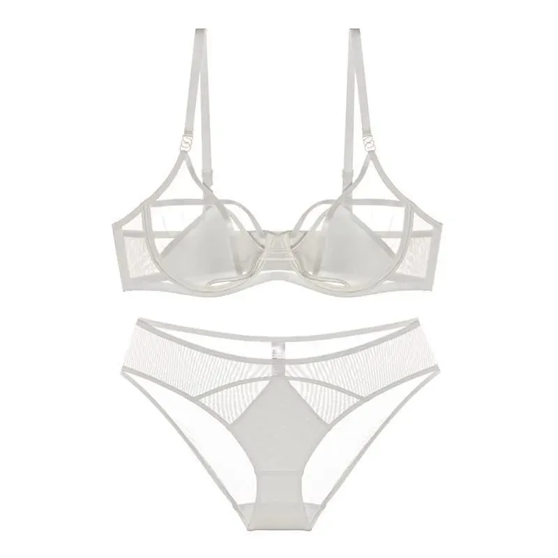 Hot Sale Sheer Mesh Lingerie Set No Padding Soft Wire Push Up See Through Floral Lace Bralette Dark Romance Style