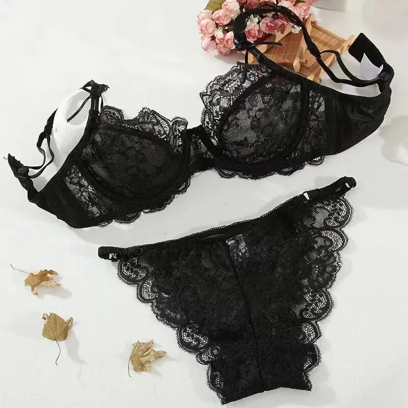 French Romance Lace Bralette Push Up Bra Ultra Thin Non Padded Wirefree Unlined Big Bust Minimizer Lingerie Set BANERDANNI S-XL