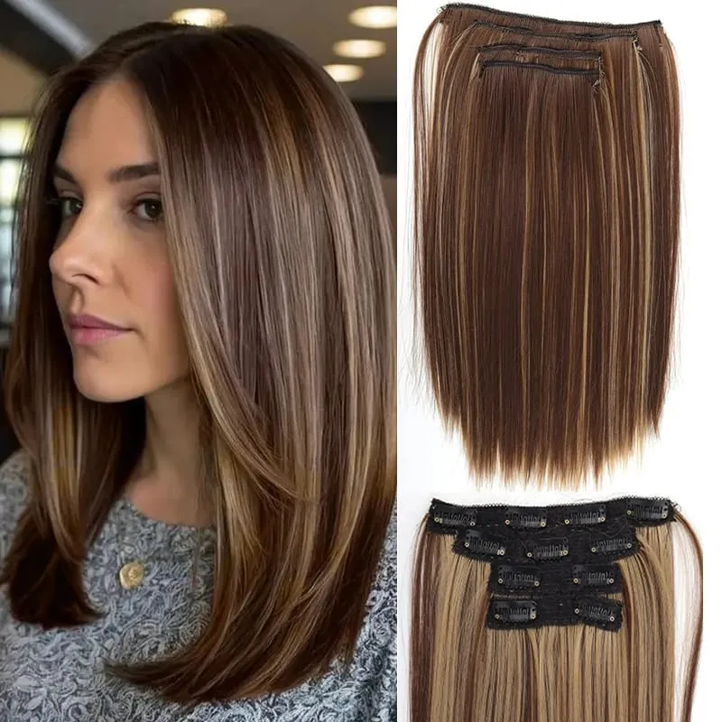 Syntetisk 4st Clip in Hair Extensions 14 tums raka hårförlängningar med BB Clips Osynligt sömlöst hårstycke för kvinnor