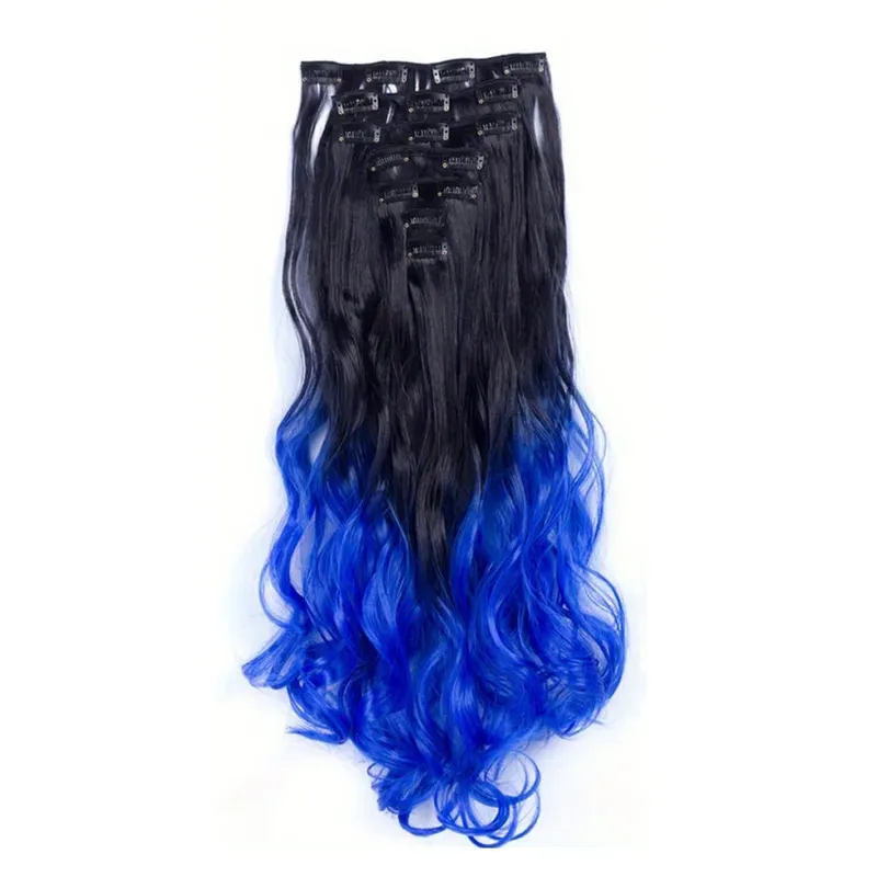 Clip in Hair Extensions Ombre Color Synthetic 7pcs Set Wavy Curly Hairpieces Black to Purple For Women Girls
