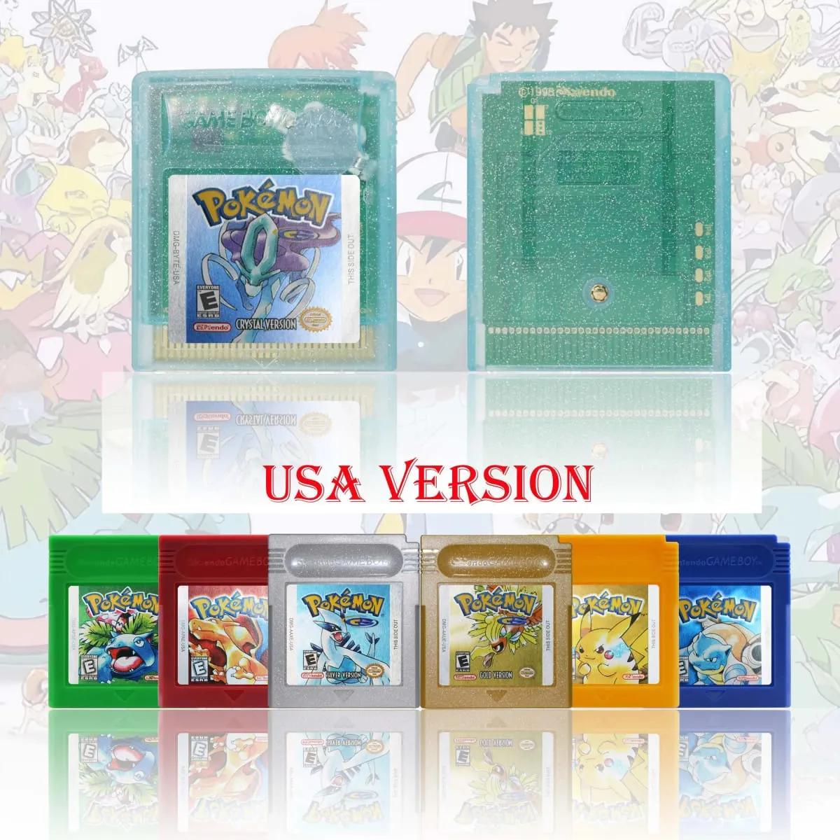 GBC/GBA USA Version Pokemon Blue/Crystal/Emerald/Fire Red/Leaf Green Game Cartridge Video Game Card High Quality with Battery