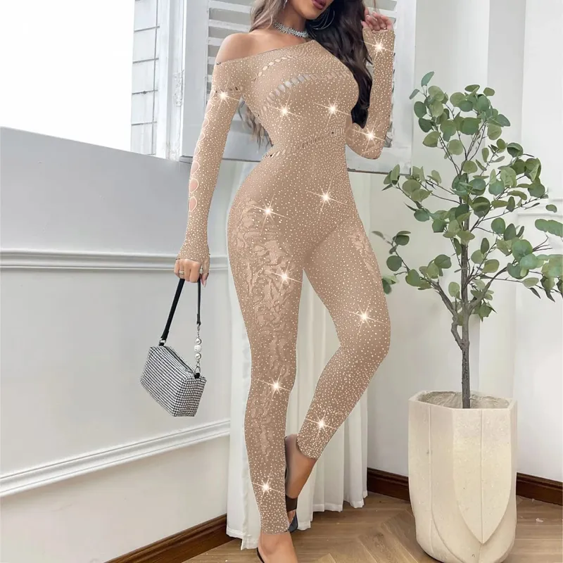 ผู้หญิงเซ็กซี่ตาข่าย Rhinestone Jumpsuit แขนยาวดูผ่านยืดถุงน่อง Jumpsuit Club PLUS ขนาดสต็อกชุดชั้นใน