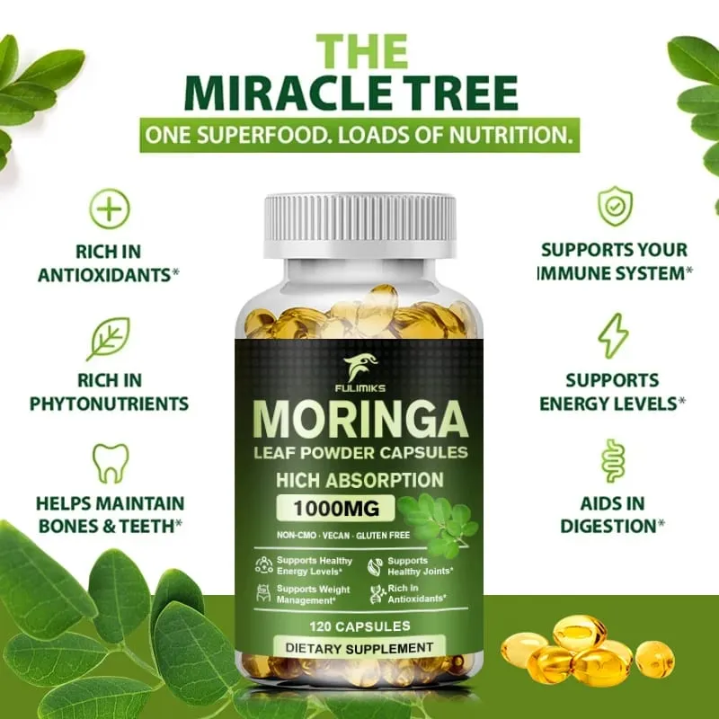 Natural Moringa 1000mg Supplement Supports Immune Defense Digestion Skin Joint Energy & Antioxidant Health