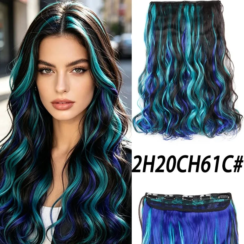 18Inch Synthetic Long Curly Hair Extension One Piece Highlight Rainbow Clip In Hair Extensions Fashion Hairpiece for Women