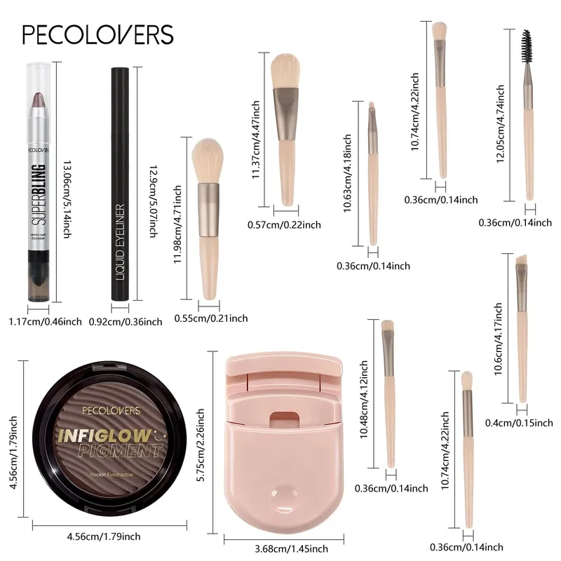 12PCS/SET Shimmer Eye Shadow Pen & Palette Liquid Eyeliner Lash Curler Eye Makeup Brushes Waterproof/Long Lasting