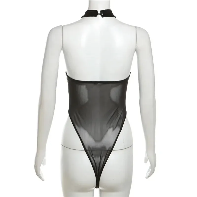QQ Sexy Y2k Love Patchwork Slim Streetwear Jumpsuits Bodysuits Goth Mesh Velvet Sleeveless Halter Backless Bodycon Women Heart