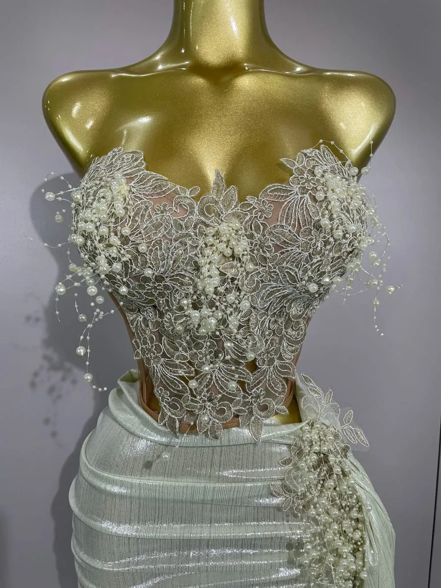 Luxe Shining Pearls Sexy Asymmetrische Rok 2 Stuks Set 2025 Vrouwen Avond Verjaardagsfeestje Podium Danser Prestaties Kostuum