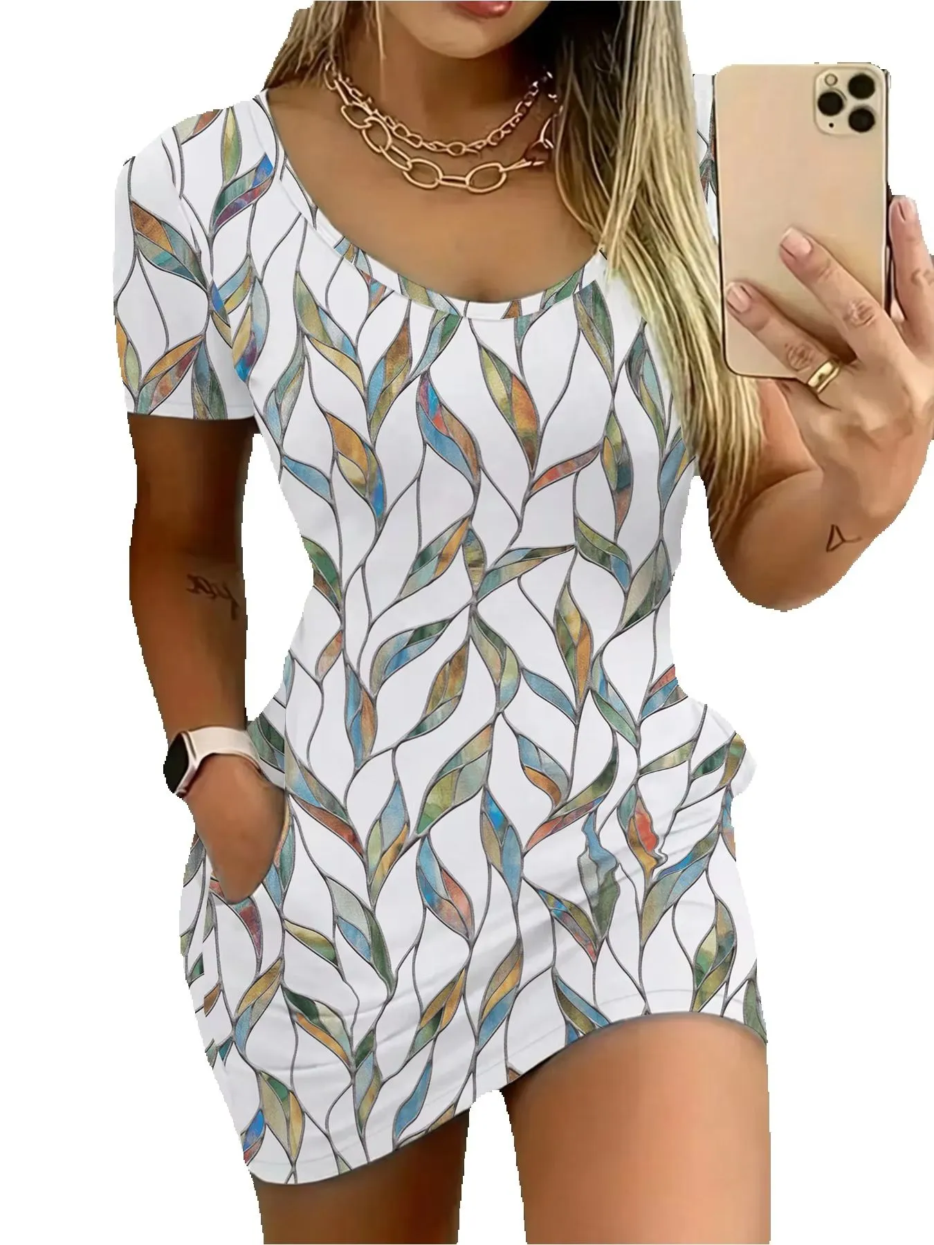 Elegant Casual round Neck Solid Color Leaf Pattern Pocket Short Sleeve Mini Skirt Long Dress Comfortable Fashion Women's Dress — image 5