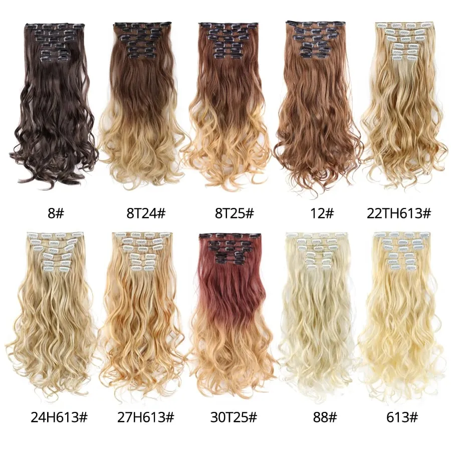 Black Clip In Extensions Straight 22" Long Synthetic Thick Clips On Hair Piece For Women 6Pcs/Set Curly Full Head Weddings Daily